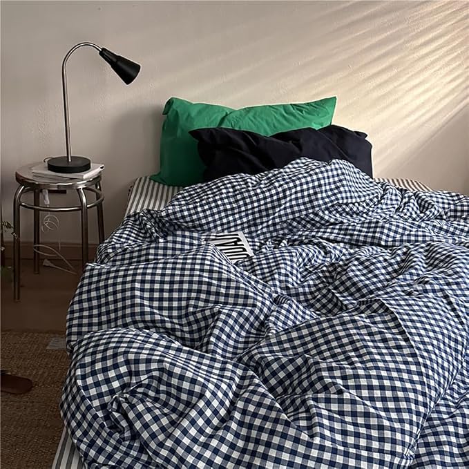 Nayoroom Navy Blue Gingham Duvet Cover Queen Size 100% Washed Cotton Plaid - Image 4