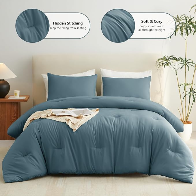 CozyLux Full Size Comforter Set Mineral Blue, 3 Pieces Solid Breathable Quilted - Image 2