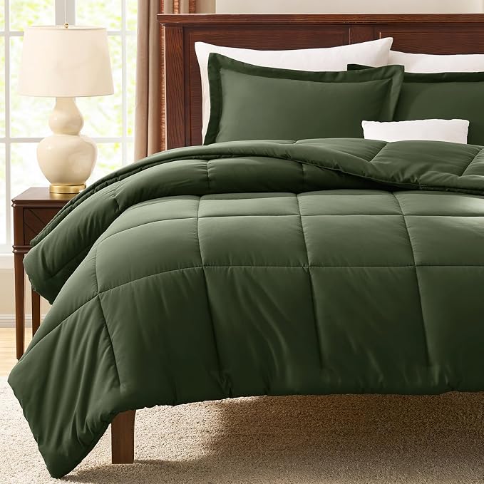 CozyLux Oversized King Comforter Set, 3 Pieces Olive Green 120x98 Box Stitched - Image 7