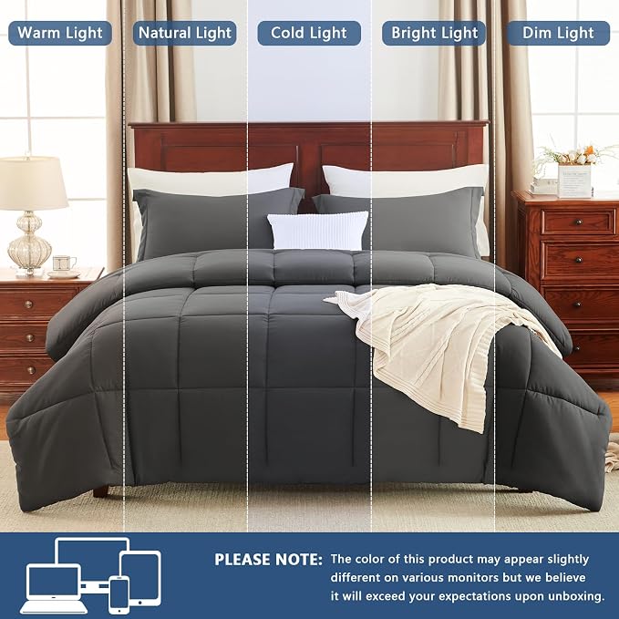 CozyLux Oversized Queen Comforter Set, 3 Pieces Dark Grey 98x98 Box Stitched - Image 5