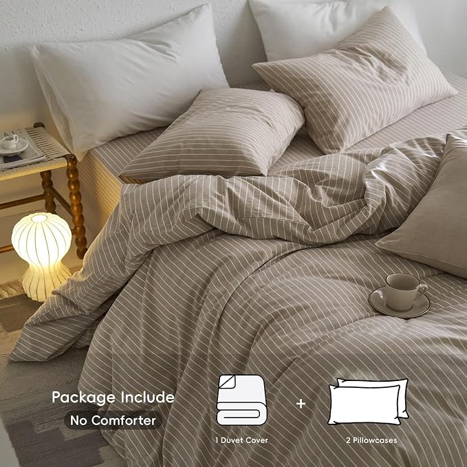 MooMee Striped Duvet Cover Set 100% Washed Cotton Linen Like Textured - Image 2