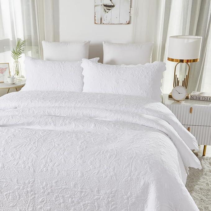 Brandream White Quilt Set King Size Quilt Bedding Set Cotton Luxury Matelasse - Image 8