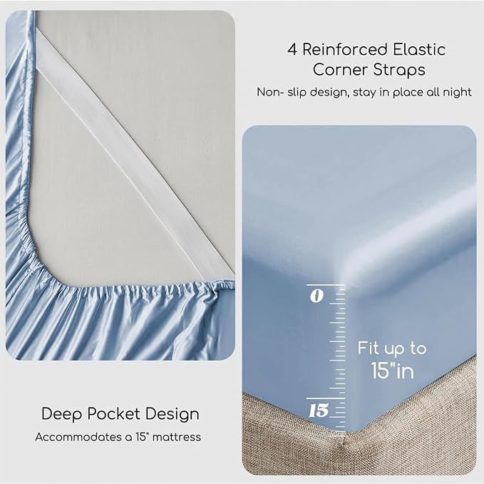 MR&HM Satin Bed Sheets with Elastic Corner Straps, King Size Sheets Set - Image 4