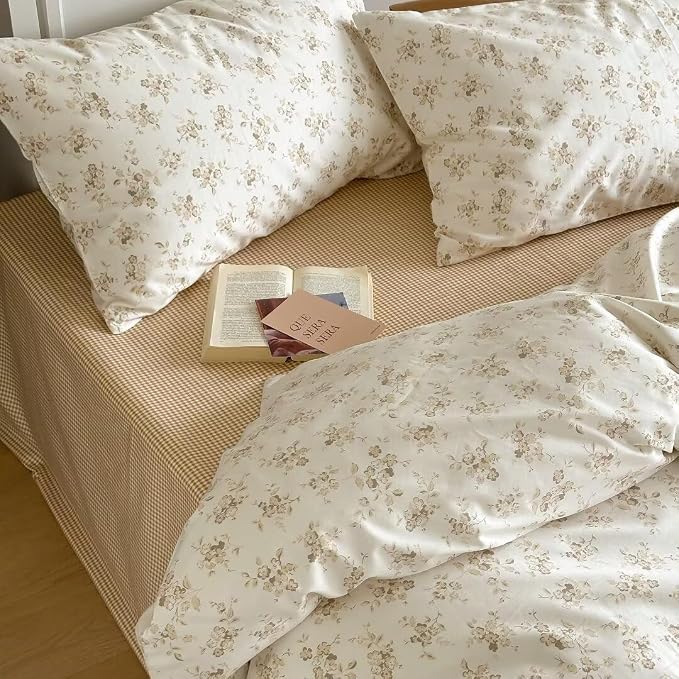 MKXI White Garden Duvet Cover Beige Floral 100% Cotton Coquette Duvet Cover - Image 6