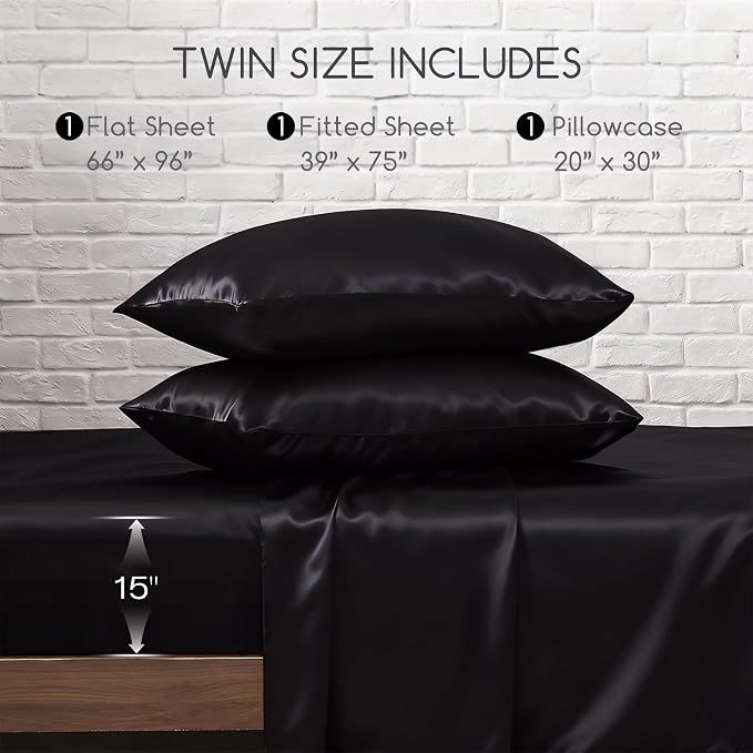 MR&HM Satin Sheets with Elastic Corner Straps, Twin Size 3-Piece Silky Bedding - Image 7