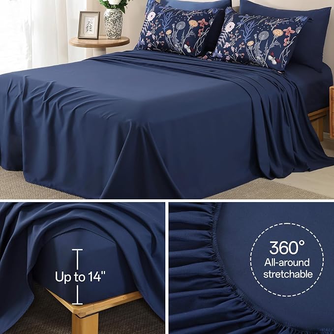 Yiran Queen Comforter Set, 7 Pieces Navy Blue Floral Soft Bedding Sets - Image 7