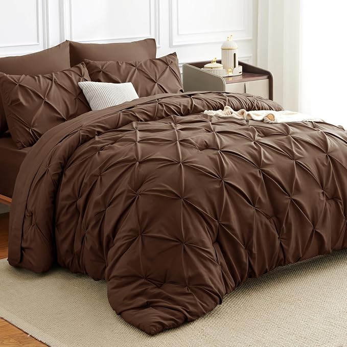 CozyLux Queen Comforter Set Brown, 7 Pieces Pintuck Bed in A Bag, Premium Brown - Image 4