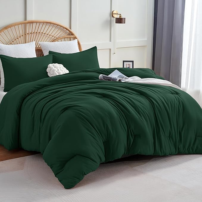 CozyLux Full Size Comforter Set Emerald Green, 3 Pieces Solid Breathable by CozyLux