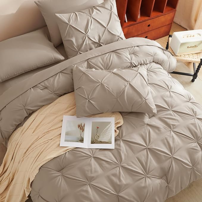 CozyLux Full Size Comforter Sets Taupe, 7 Pieces Pintuck Bed in A Bag Taupe - Image 4