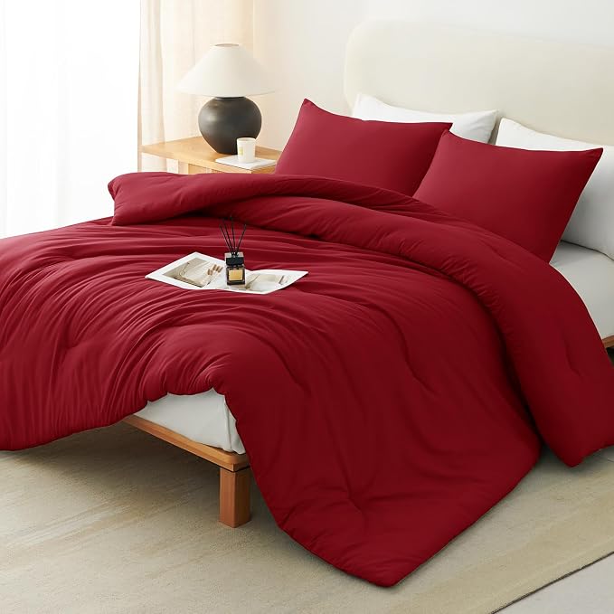 CozyLux California King Comforter Set Dark Red, 3 Pieces Cal King Solid - Image 9
