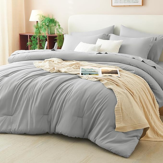 CozyLux King Size Comforter Set Light Grey, 7 Pieces Bed in a Bag King by CozyLux