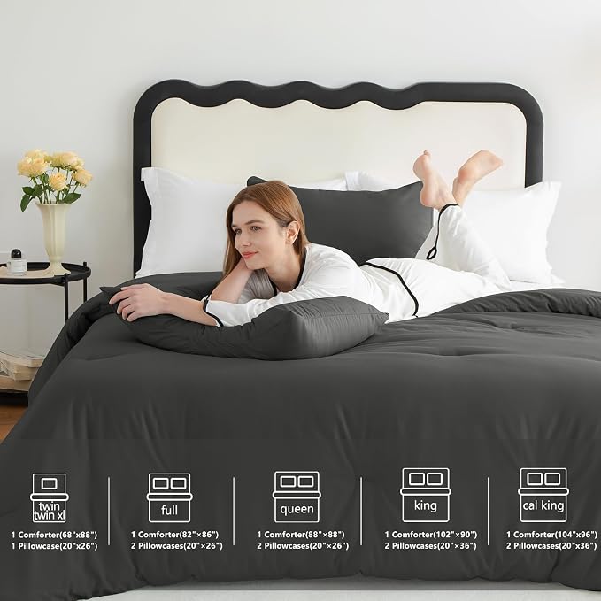 CozyLux Full Size Comforter Set Dark Grey, 3 Pieces Solid Breathable Quilted - Image 7