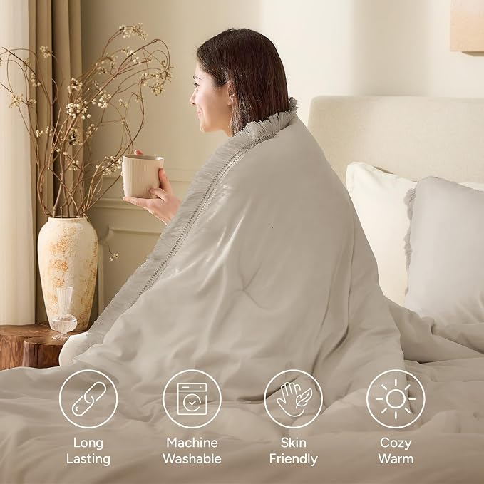 Andency Oatmeal Comforter Set King Size, 3 Pieces Boho Tassel Lightweight - Image 4