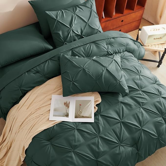 CozyLux Queen Comforter Set Forest Green, 7 Pieces Pintuck Bed in A Bag - Image 9