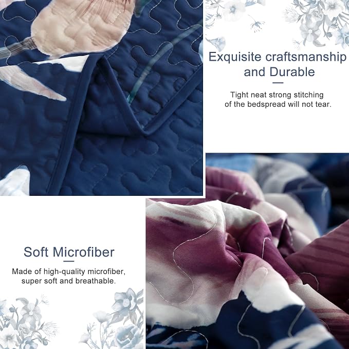 Drucon Blue Floral Quilt Set King Size 3 Pieces Blue Botanical Flower Quilt - Image 6