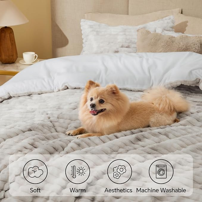 BEDELITE Fleece Full Comforter Set -Super Soft & Warm Fluffy Grey&White Bedding - Image 3