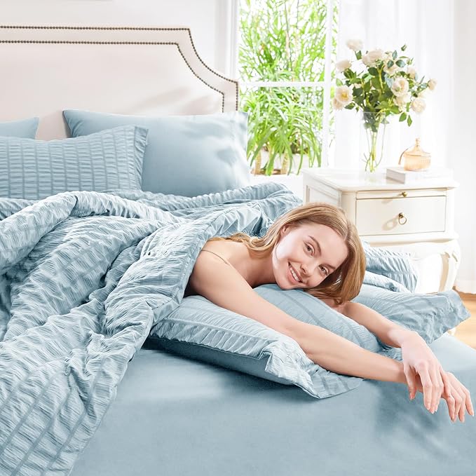 CozyLux Queen Comforter Set Light Blue Seersucker 7 Pieces Bed in a Bag Queen - Image 7