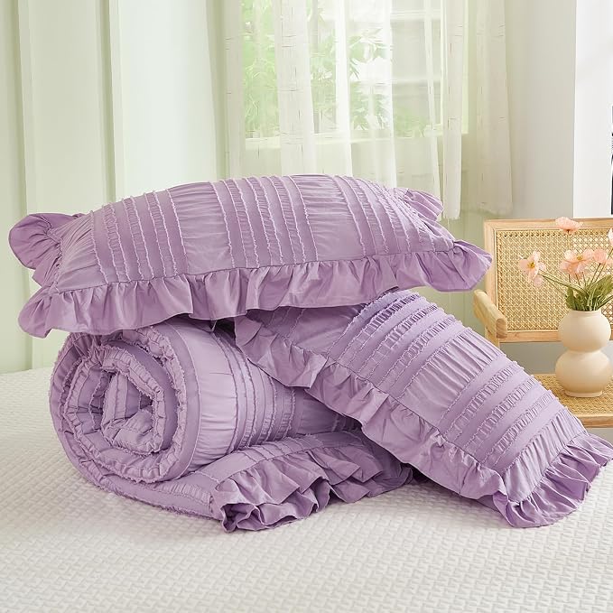 WONGS BEDDING Purple Comforter Set King, 3 Pieces Ruffle Farmhouse Shabby Chic - Image 7