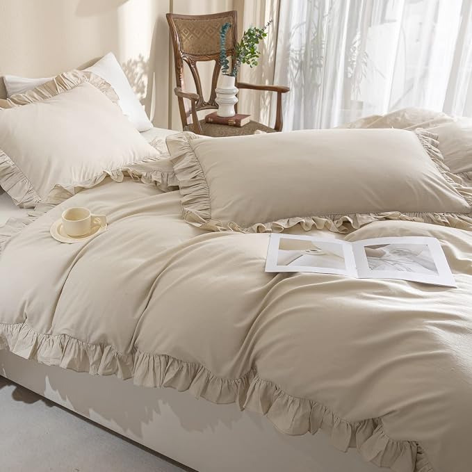QSH Washed Cotton Duvet Cover King Ruffle Duvet Cover Linen Feel Textured - Image 7