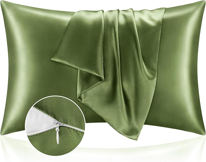 BEDELITE Satin Pillowcase with Zipper, Cedar Green King Size Pillow Cases Set by BEDELITE