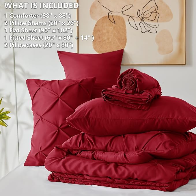 HIMEET Pintuck Bed in a Bag, 7 Pieces Queen Size Comforter Set Dark Red - Image 8
