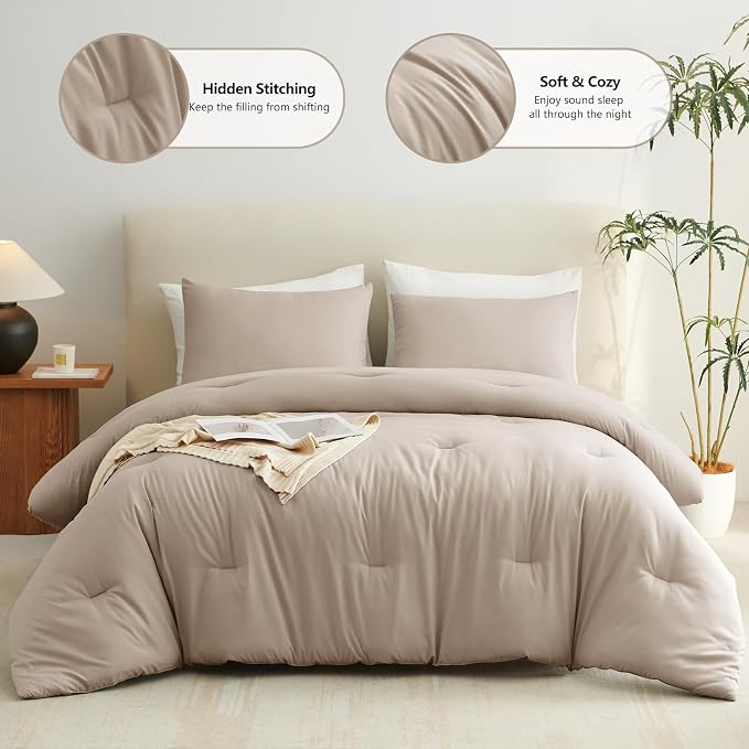 CozyLux Queen Comforter Set Wheat, 3 Pieces Solid Comforters Queen Size - Image 2