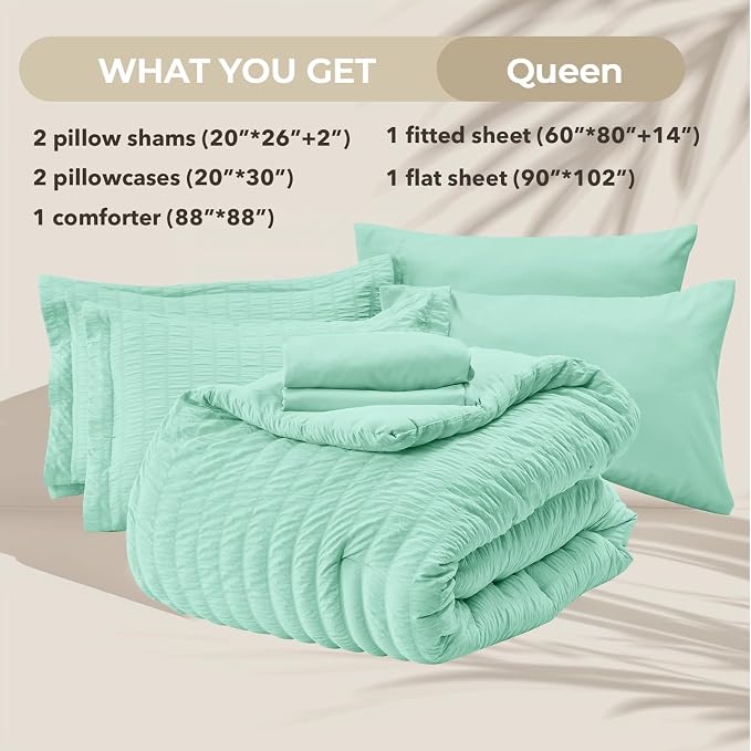 HYMOKEGE Mint Green Queen Comforter Set Seersucker 7 Pieces, All Season Luxury - Image 6