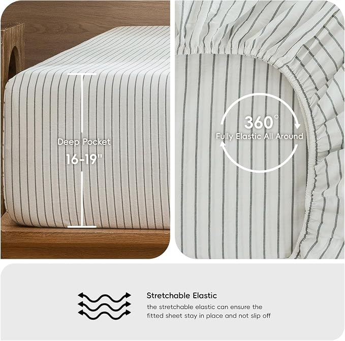 MooMee Stripes Fitted Bottom Sheet Only 100% Washed Cotton Linen Like Textured - Image 3