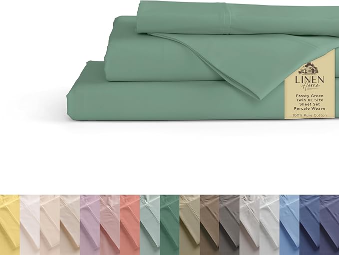Linen Home 100% Cotton Percale Sheets Twin XL Size, Frosty Green, Deep Pocket by LINENHOME