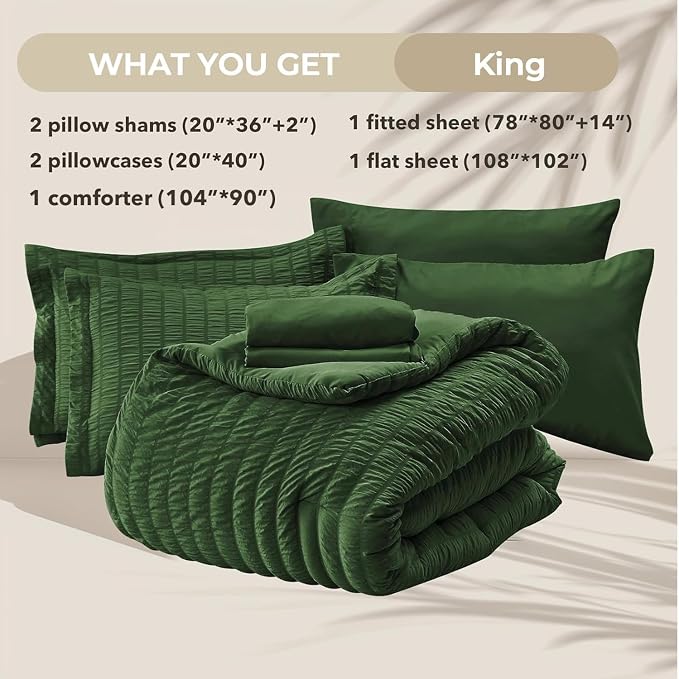 HYMOKEGE Dark Green King Size Comforter Set Seersucker 7 Pieces, All Season - Image 5