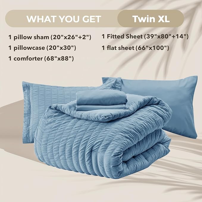 HYMOKEGE Mineral Blue Twin XL Comforter Set Seersucker 5 Pieces, All Season - Image 5
