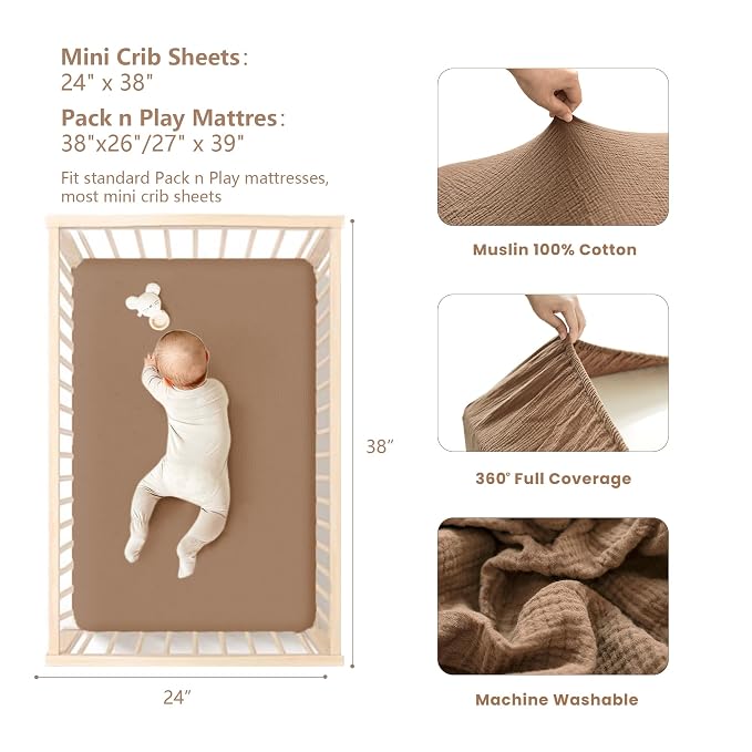 Konssy Muslin Mini Crib Sheets, 100% Soft Cotton Pack and Play Sheets - Image 3