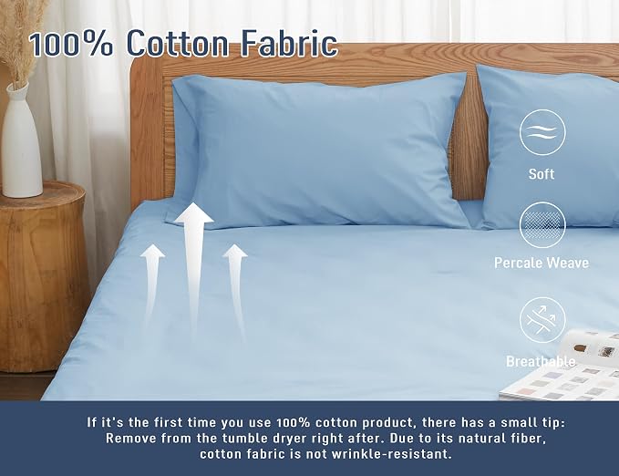 Pillow Cases, Standard Queen Size Cotton Percale Weave Pillowcases, Pre-Shrunk - Image 4