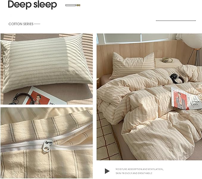 Nayoroom Striped Duvet Cover Queen Size 100% Washed Cotton Beige Duvet Cover - Image 7