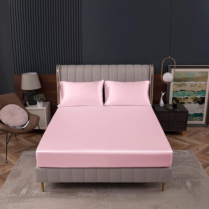 Homiest Blush Pink Satin Fitted Sheet Twin XL Size, Deep Pocket, Luxury & Ultra - Image 2