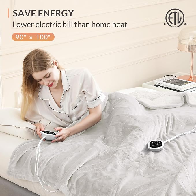 HOMLYNS LuxeHeat Heated Blanket Electric Blanket King Size, Soft Flannel Sherpa - Image 6