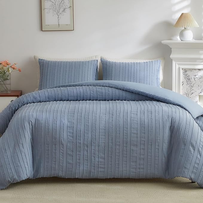 WARMDERN Blue Tufted Duvet Cover Set Queen Size, Striped Textured Duvet Cover by WARMDERN