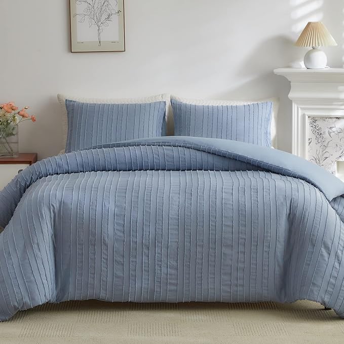 WARMDERN Blue Boho Duvet Cover Set Full Size, Striped Textured Duvet Cover by WARMDERN