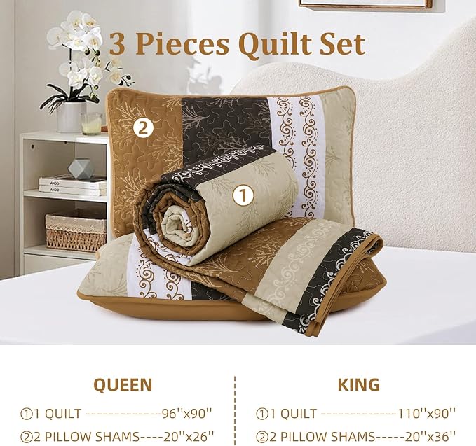 DJY Brown Quilt Set King Size Striped Bedspread Coverlet Set 3 Pieces Boho - Image 8