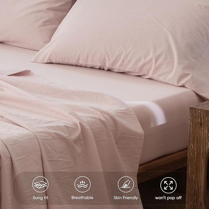 MooMee Fitted Bottom Sheet Only 100% Washed Cotton Linen Like Textured - Image 5