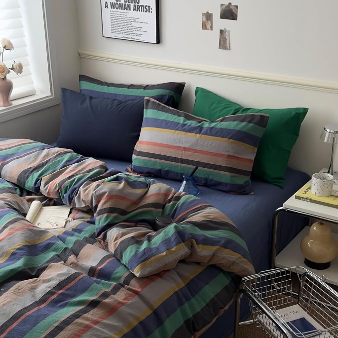 mixinni Blue Striped Duvet Cover Twin XL 100% Washed Cotton 3 Pcs Vintage - Image 7