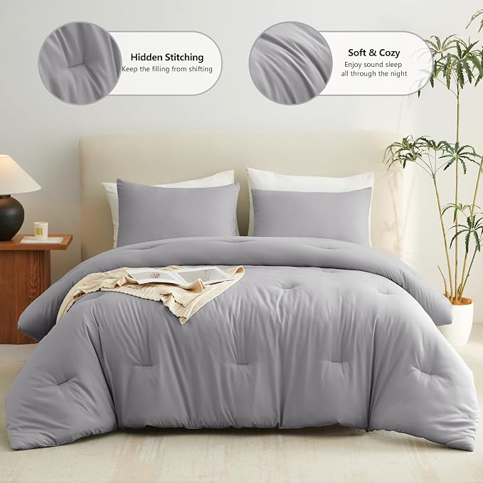 CozyLux Full Size Comforter Set Grey, 3 Pieces Solid Breathable Quilted Bedding - Image 2