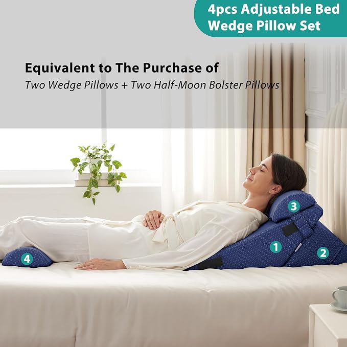 Bedluxe Adjustable 4pcs Bed Wedge Pillow Set, Memory Foam Wedges Pillow Post - Image 6
