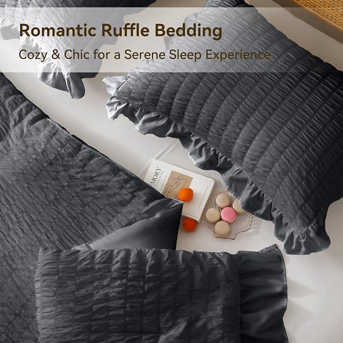 JOLLYVOGUE Dark Gray Queen Comforter Set, 3 Pieces Seersucker Bedding Comforter - Image 5