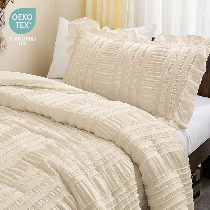 WONGS BEDDING Beige Comforter Set Full, 3 Pieces Ruffle Shabby Chic Comforter - Image 4