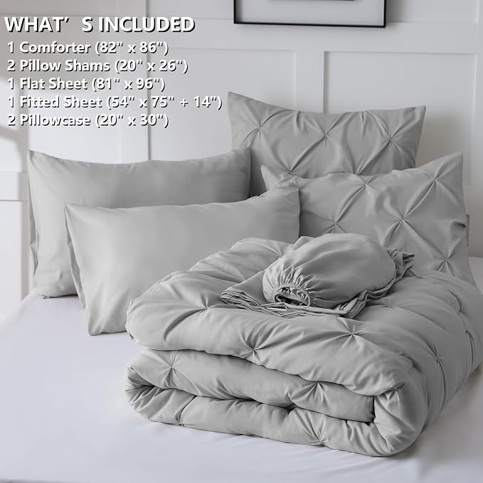 CozyLux Full Size Comforter Sets Light Grey, 7 Pieces Pintuck Bed in A Bag Gray - Image 7