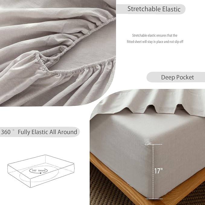 MooMee Fitted Bottom Sheet Only 100% Washed Cotton Linen Like Textured - Image 5