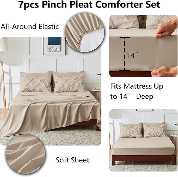 CozyLux King Size Comforter Set Wheat, 7 Pieces Pintuck Bed in A Bag Wheat - Image 5