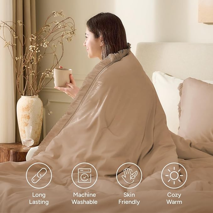 Andency Taupe Comforter Set Queen, 3 Pieces Boho Tassel Lightweight Bedding - Image 4