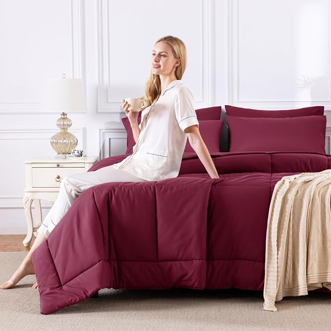 CozyLux Full Size Comforter Sets Burgundy, 7 Pieces Bed in a Bag, All Season - Image 7